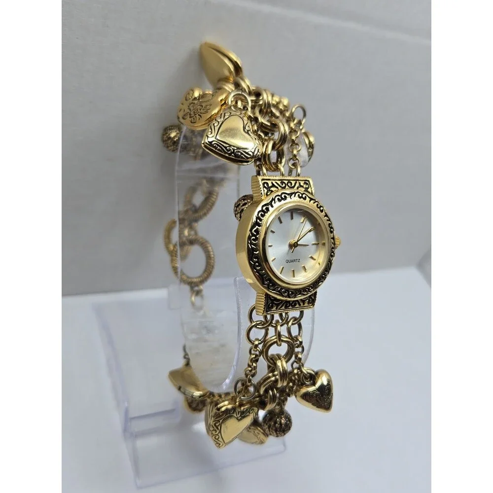 Womens Vintage Gold Tone Hearts Lockets Charms Bracelet Quartz Watch New Battery
